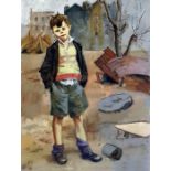 Abulitis  Oil on board Boy stood with hands in pockets of his shorts in scrapyard, sign