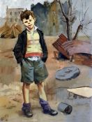 Abulitis  Oil on board Boy stood with hands in pockets of his shorts in scrapyard, sign