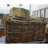Large wicker twin handled log basket together with further various wicker baskets, hat box,