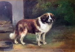 Frederick French (1896-1914) Oil  St Bernard by kennels, signed lower right, 20.5cm x 28.5cm Oil