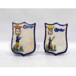 Pair of Henriot Quimper shield-shaped menu holders decorated with Petit Breton male playing bonbarde
