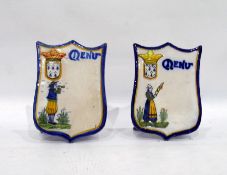 Pair of Henriot Quimper shield-shaped menu holders decorated with Petit Breton male playing bonbarde