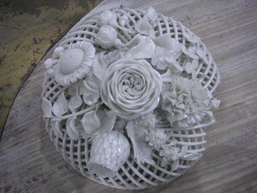 Creamware lidded open weave bowl, the finial as extended floral spray, including rose, thistle, - Image 2 of 11