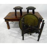 Indian rectangular top coffee table with turned supports, a circular top occasional table, a