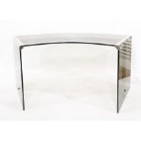 Curved smoked plate glass and stainless steel designer desk table, 168cm wide