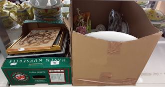 Two boxes of assorted chinaware to include tazza, decorative figurines, small quantity of pictures,