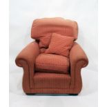 Upholstered scroll arm easy chair with shaped back cushion and loose squab seat cushion