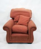 Upholstered scroll arm easy chair with shaped back cushion and loose squab seat cushion