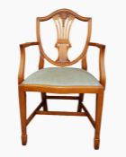 Set of six stained beech Hepplewhite-style dining chairs with shield-shaped backs, carved pierced