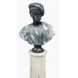 Carved marble bust of a blackamoor wearing a turban on socle base and a white painted fluted