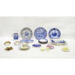 Assorted china wares to include 19th century blue and white transfer-decorated mug, decorated with