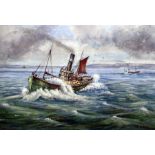 Jeff Richmond Watercolour drawing  Fishing vessels off the coast, signed, 32.5cm x 49cm