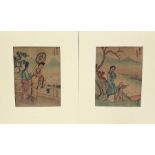 Pair Japanese pen and wash drawings of ladies on veranda, figures at water's edge with mountains in
