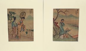 Pair Japanese pen and wash drawings of ladies on veranda, figures at water's edge with mountains in