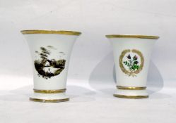 Pair of 19th century trumpet-shaped vases with gilt band decoration to the rim, rural scene