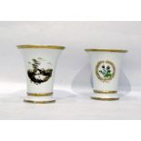 Pair of 19th century trumpet-shaped vases with gilt band decoration to the rim, rural scene