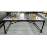 Black painted metal-framed glass-topped coffee table, 122cm square