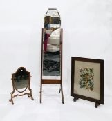 Oak framed firescreen with floral needlework panel, a Hepplewhite style shield-shaped dressing table