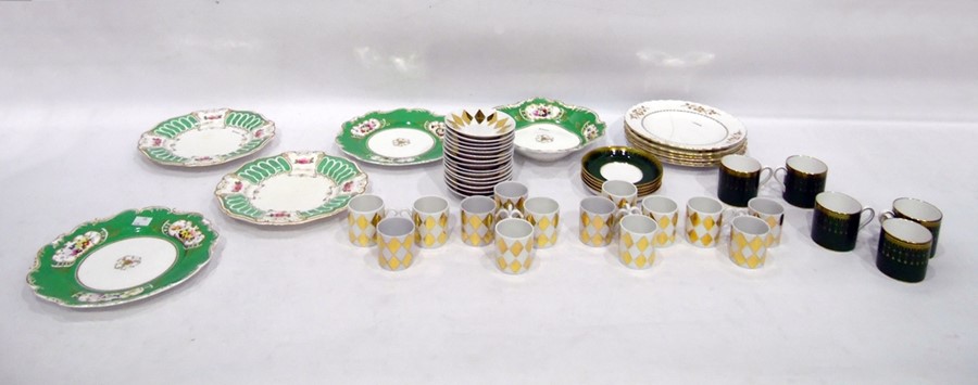 Set of five Spode coffee cans, green ground with gilt decoration, a set of 14 Fornasetti coffee