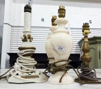 Four assorted table lamps and a wood framed bevelled edge mirror (5)