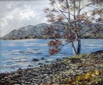 Gerald Hodgson (b.1942) Oil on board Silver birch overlooking lake, signed lower right, 49.5cm x