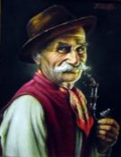 K Woltle (?) (19th Century) Oil on board Man in hat with red waistcoat and neckerchief smoking a