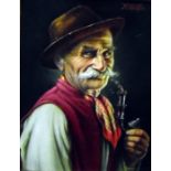 K Woltle (?) (19th Century) Oil on board Man in hat with red waistcoat and neckerchief smoking a