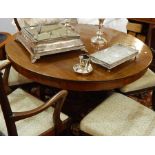 Victorian mahogany breakfast table, circular on hexagonal column, concave triangular base, bun feet,