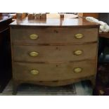 Georgian mahogany bowfront chest of three drawers with brass plates and drop handles, on splayed