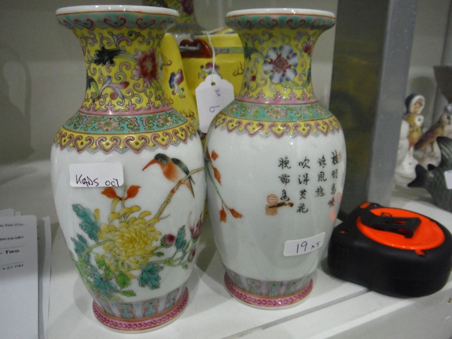 Pair of 20th century Chinese ceramic vases, the bodies decorated with bird on foliate branch, with - Image 6 of 15