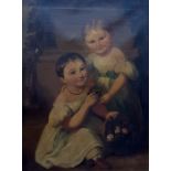 19th century English School Oil on canvas Children in garden with flower basket, unsigned, 91 x