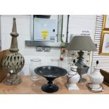 Two white painted and turned table lamp bases, one further table lamp, a large fruit bowl on