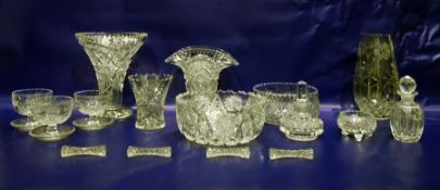 Assorted cut glassware to include heavy cut glass bowl, six sundae dishes, various vases, etc