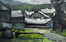 M K Oil on Board Cluster of farmhouse buildings, initialled lower right, 46 x 69cm