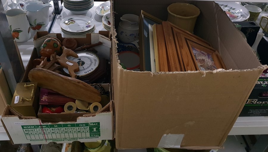 Five boxes of assorted miscellaneous household items to include modern mantel clock, assorted prints - Image 2 of 4