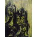 20th century School Oil on board Study of three figures in greens, yellows and blacks,