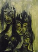 20th century School Oil on board Study of three figures in greens, yellows and blacks,
