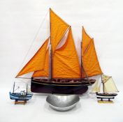 Model of a Brixham trawler, two other miniature models of fishing boat and a yacht and an