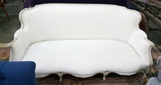 French style curved-back sofa with padded shoulder arms and on moulded cabriole shaped supports