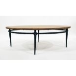 Unpolished elliptical-shaped coffee table on metal underframe, 122cm x 62cm