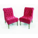 Pair of deep button upholstered chairs on turned limed oak supports