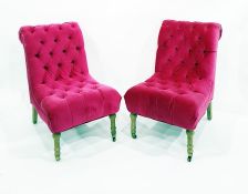 Pair of deep button upholstered chairs on turned limed oak supports