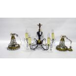 Five-branch chandelier with prism cut drops and a pair of prism cut gilt metal pendant lights (3)