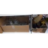 Three boxes of assorted glassware and metalware to include jugs, bowls, decanters, tumblers,