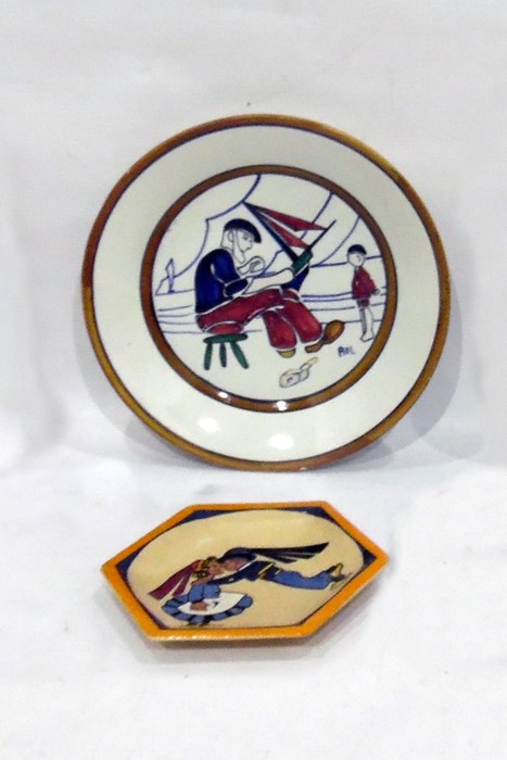 H B Quimper plate decorated by Rol, with grandfather and grandson with toy ship, 1930's and an