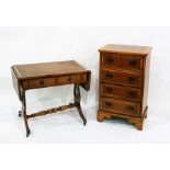 Reproduction yew wood veneer chest of four drawers, on bracket feet, width 44cm and a miniature