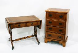 Reproduction yew wood veneer chest of four drawers, on bracket feet, width 44cm and a miniature