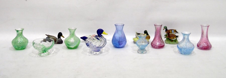 Assorted 20th century coloured glass vases, probably Caithness and four duck ornaments