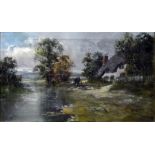 W Richards Oil on canvas Rustic river scene with figure and cart on path, signed lower right, 30cm