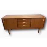 Contemporary teak sideboard with three short central drawers, flanked by cupboards with sliding